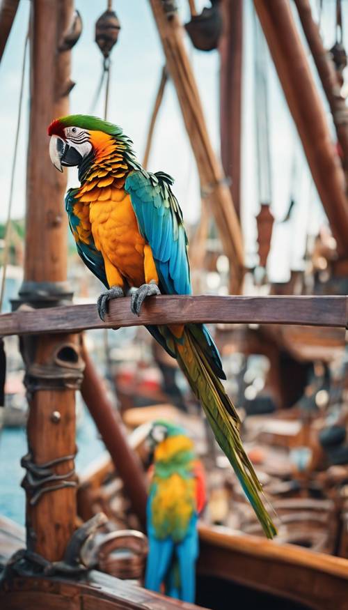 A bright, multi-colored macaw perched on a intricately decorated, old wooden pirate ship.