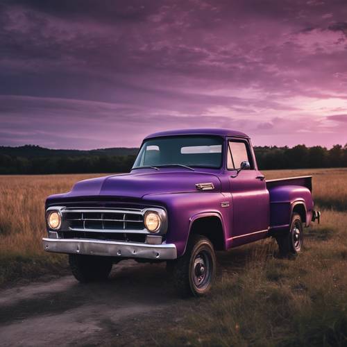 Uma caminhonete roxa desgastada pelo tempo em um ambiente rural durante o crepúsculo.