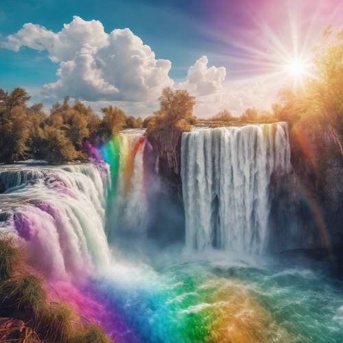 Un paesaggio surreale dove l&#39;acqua color arcobaleno sembra scorrere verso l&#39;alto contro la gravità, formando bellissime cascate nel cielo.