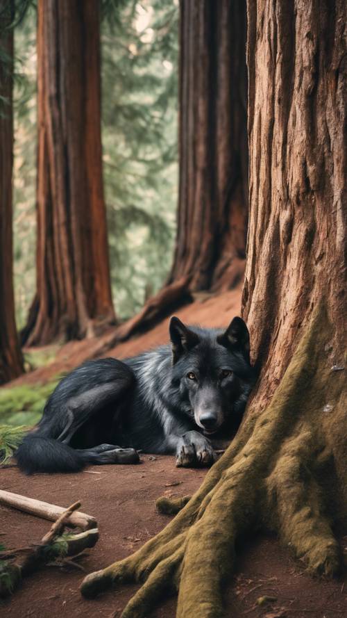 An old black wolf resting under the shelter of a giant redwood tree.