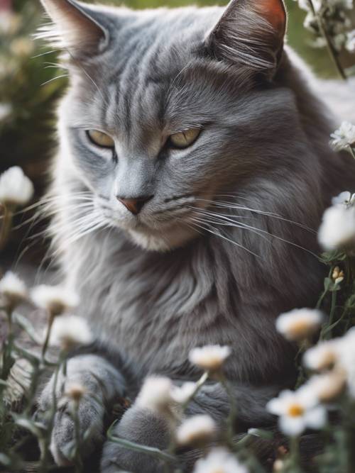 Gri çiçeklerle dolu bir bahçede uyuyan gri bir kedi.