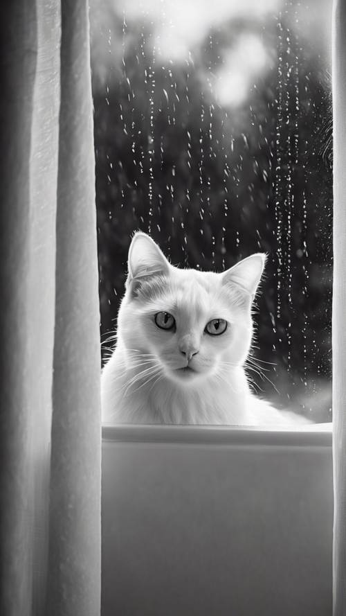 Um esboço monocromático de um gato branco, espiando ansiosamente por trás das cortinas a chuva implacável lá fora.