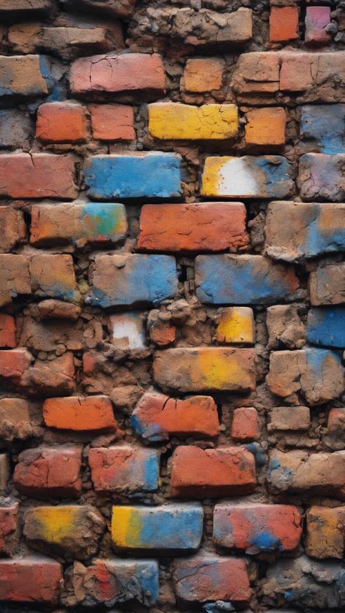 A brick wall in an alley has been turned into a canvas for street art, with splattered paint and dripping colors.