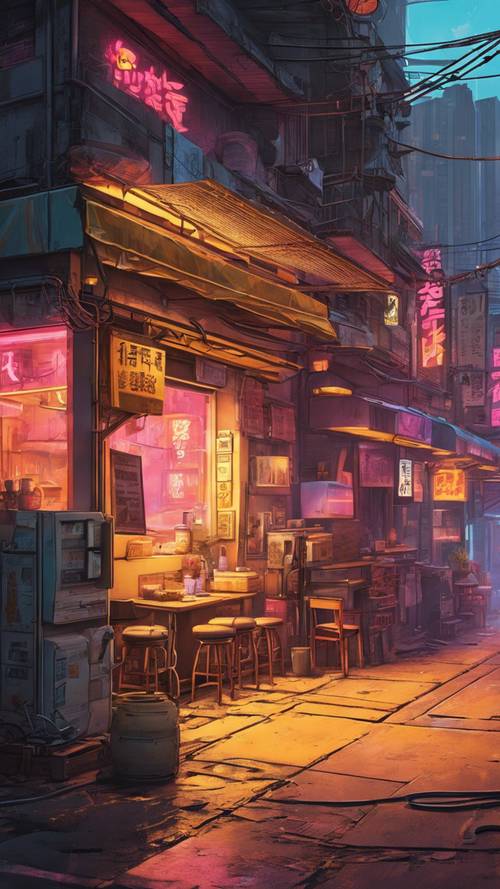 A cena de uma loja de macarrão, iluminada por uma luz amarela quente, situada em um beco sujo de uma paisagem urbana cyberpunk.