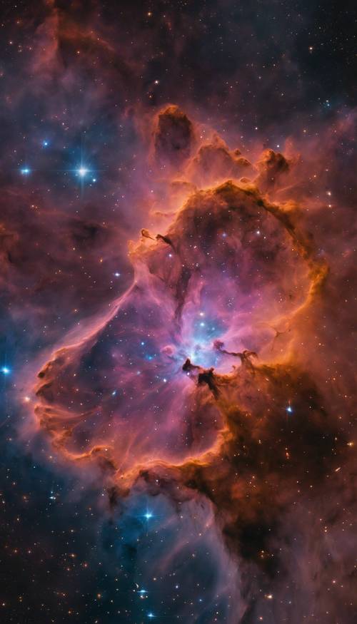 Sebuah nebula bersinar dalam warna-warna cemerlang, melahirkan bintang-bintang baru.