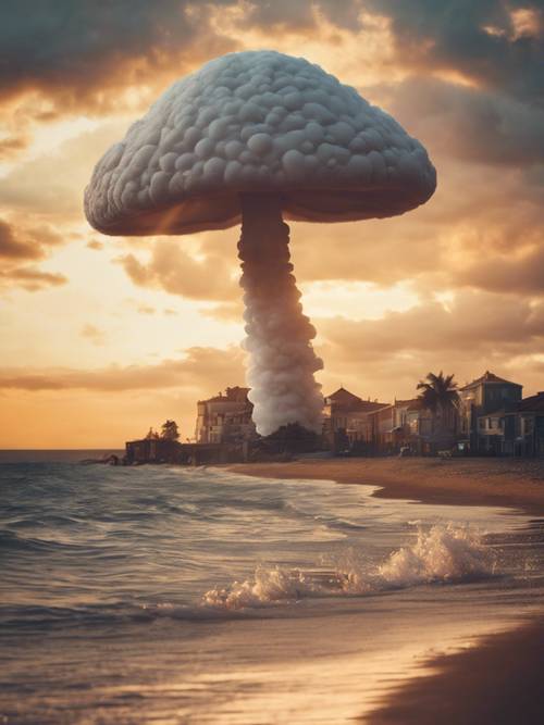 A peculiar image of a mushroom-shaped cloud forming over a serene coastal town at sunset.
