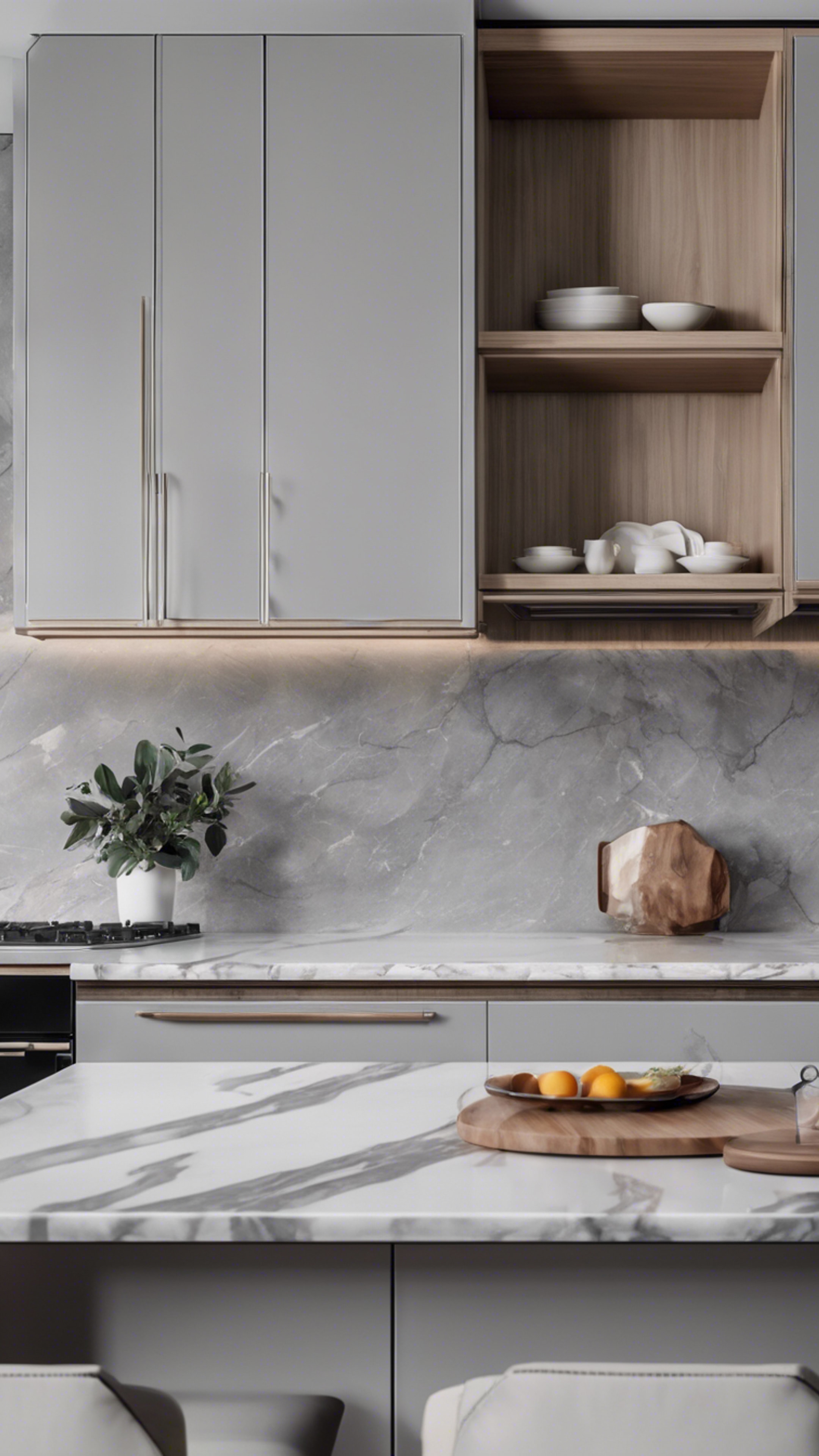 A sleek, modern kitchen design featuring light gray cabinetry with an elegant marble island. Дэлгэцийн зураг[6f0121d4a4f844f596f3]