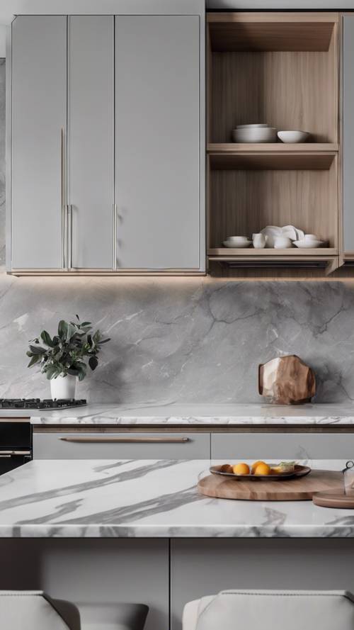 Um design de cozinha elegante e moderno com armários cinza claro e uma elegante ilha de mármore.