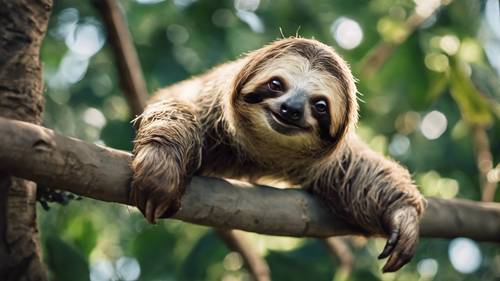 A mischievous sloth attempting to reach for a low hanging fruit.