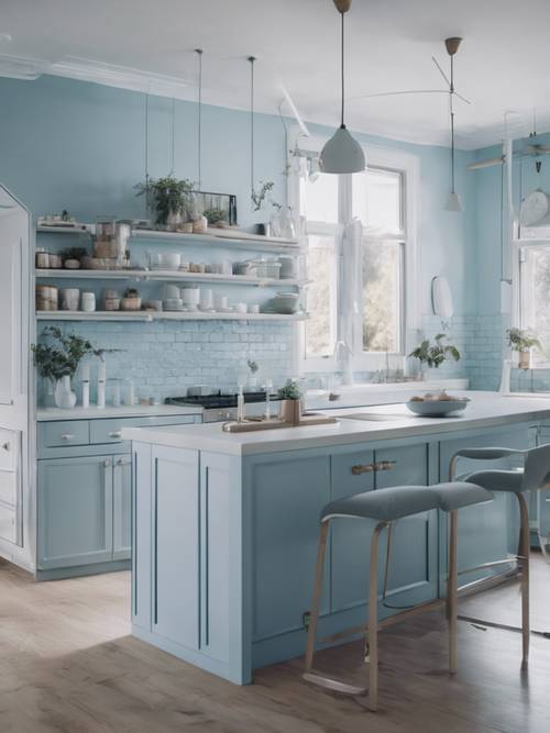 Una cucina a pianta aperta con decorazioni blu pastello e uno stile moderno ed elegante.