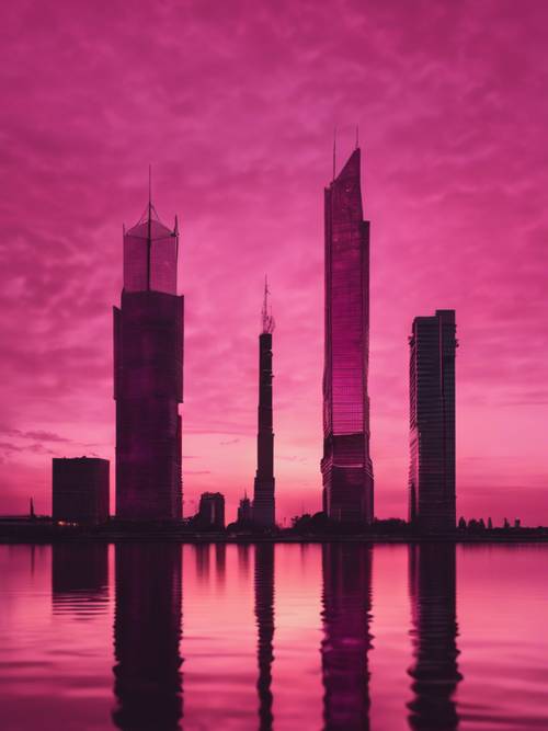 Silhuetas de estruturas altas da cidade sob um pôr do sol surreal rosa e magenta.