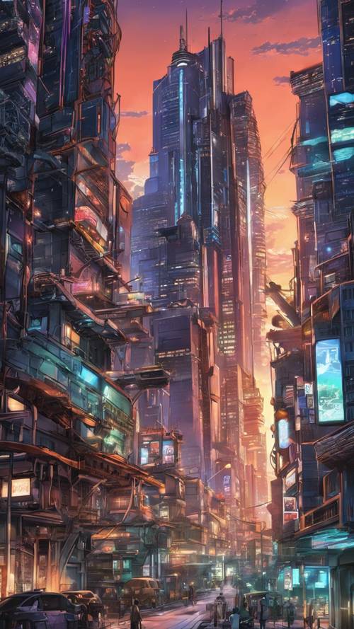 Uma paisagem urbana de anime futurista sob o céu crepuscular cheio de altos arranha-céus brilhando.