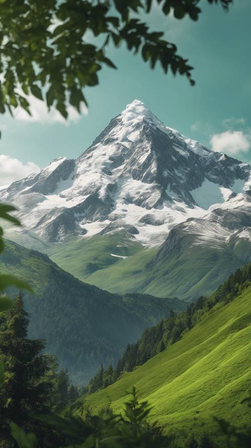 豊かな緑の谷を見下ろす雪で覆われた山の壁紙