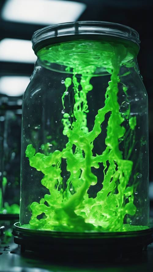 어두운 과학 실험실에서 불길하게 빛나는 형광 녹색 슬라임입니다.