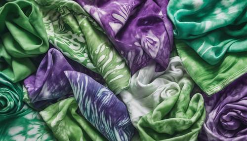 A collection of tie dyed cotton bandanas in shades of green, violet, and white piled artistically.