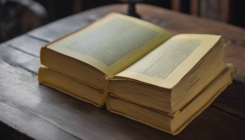 Un libro antiguo encuadernado en cuero de color amarillo pastel sobre una mesa de madera oscura.