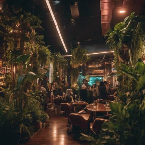 Vie nocturne dans une ville moderne dans la jungle, avec des clubs animés, des bars et de la verdure.