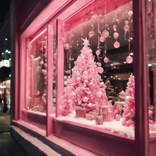 A storefront showcasing a pink Christmas themed window display. Wallpaper [dcf5d6492d204bbbb58e]