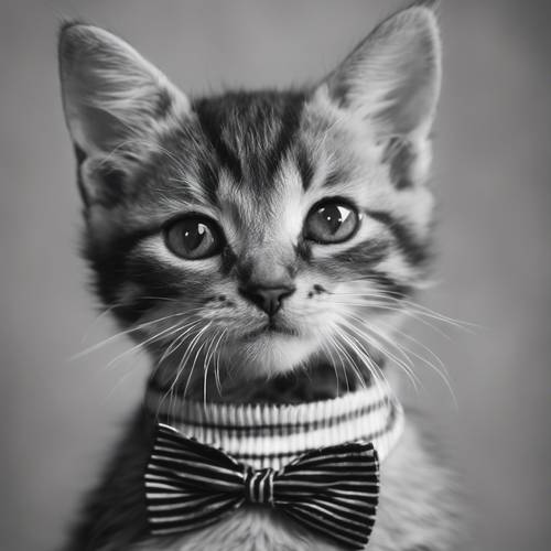Uroczy kotek z muszką w czarno-białe paski w stylu preppy.