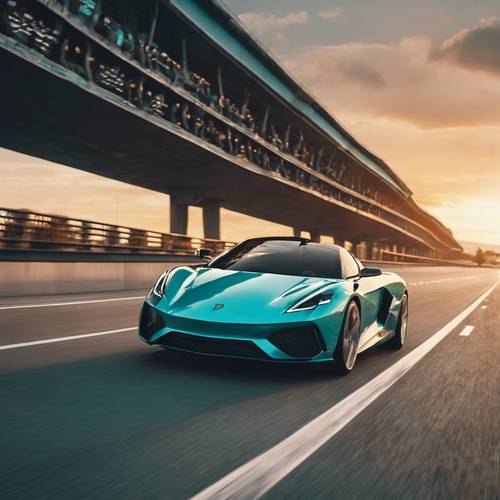 A sleek turquoise sports car speeding on an open highway against a sunset.