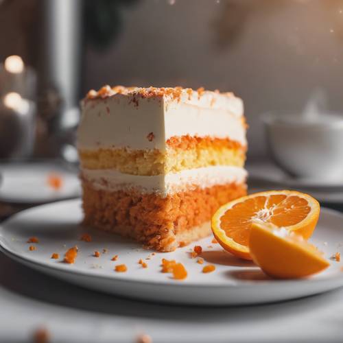 Un primo piano di un pezzo di torta con glassa di ombre arancione.