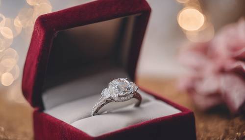 A beautiful diamond engagement ring showcased in a velvet box. Tapet [f91d57de3b0f44e88b24]