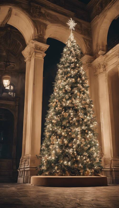 Kraliyet avlusunda devasa, özenle dekore edilmiş bir Noel ağacı bulunan görkemli, eski bir saray.