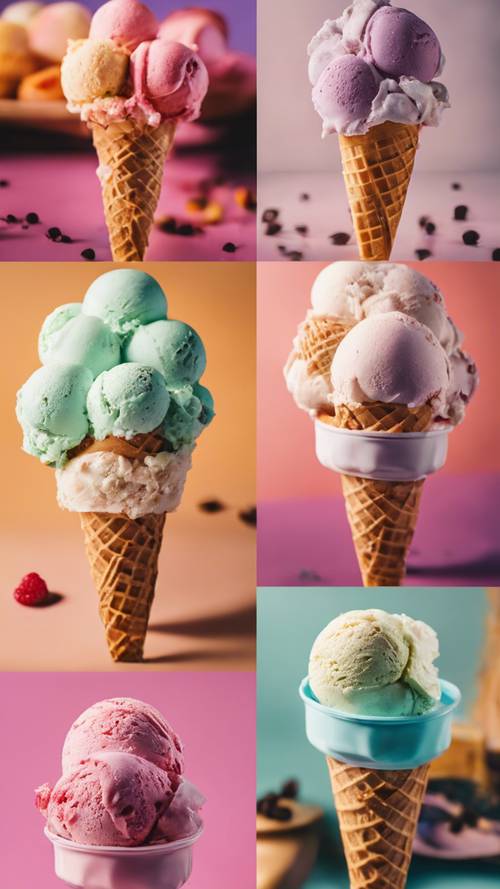 A series of delightful and colorful images of ice-cream flavors.