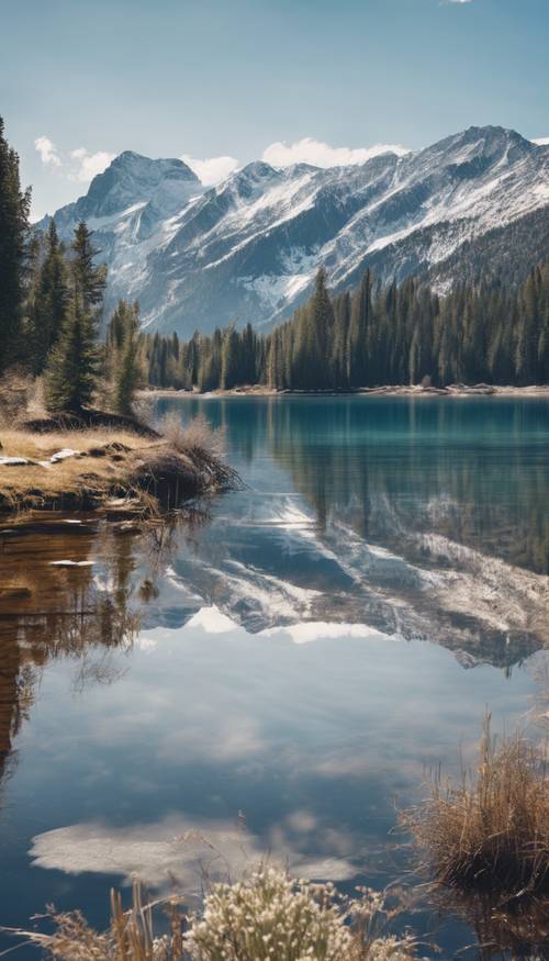 Ein friedlicher Ausblick auf einen klaren See, in dem sich schroffe, schneebedeckte Berggipfel unter einem blauen Himmel spiegeln.