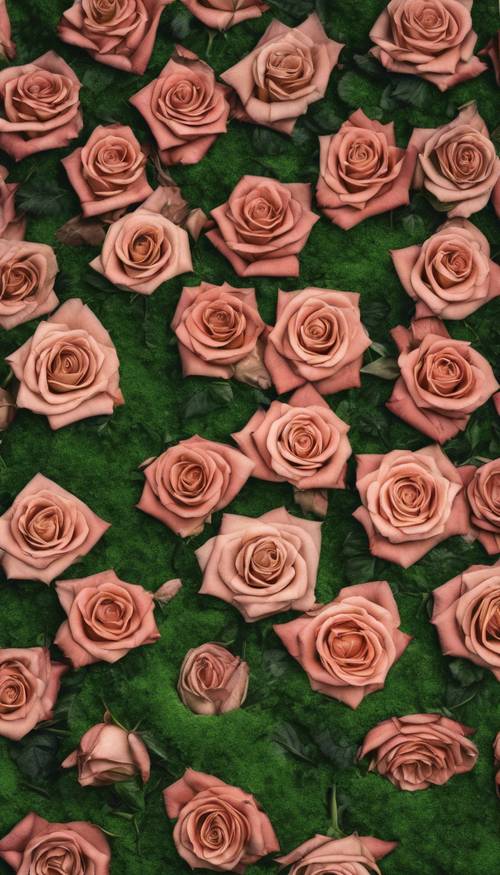 Grono metalicznych róż w pełnym rozkwicie na ścianie pokrytej mchem. Tapeta [23fad8f03b494b10a248]