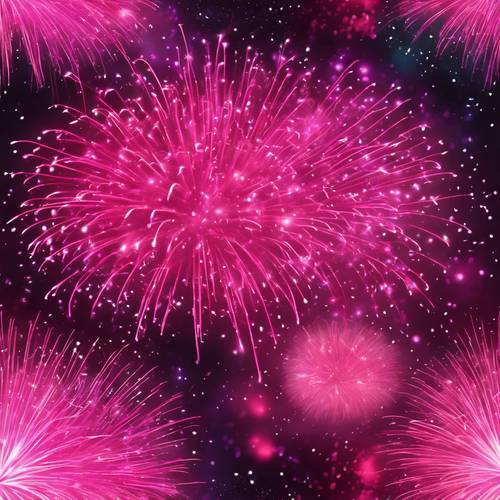 Una deslumbrante explosión de fuegos artificiales de color rosa intenso cautiva a la multitud, pintando el cielo nocturno con un aura de celebración.