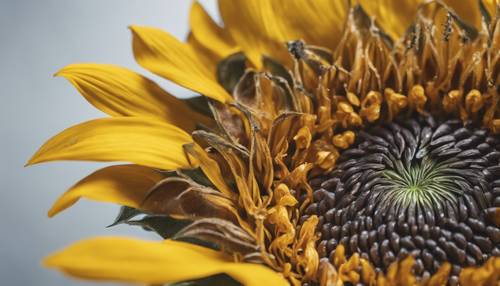 لقطة مقربة ماكرو لزهرة عباد الشمس الصفراء تظهر التفاصيل المعقدة للبذور والبتلات.