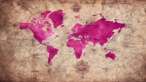 A faded, ancient map with markings and routes inked in striking magenta.