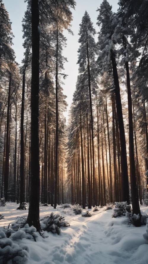 An iPhone XS capturing astonishing images of a snow-covered pine forest. Валлпапер [e37bbe06a4c94f6893ef]