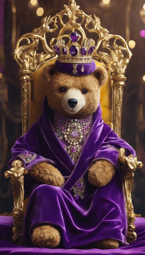 Une peinture réaliste d&#39;un ours en peluche royal vêtu d&#39;une robe de velours violet et d&#39;une couronne ornée de bijoux, assis sur un trône orné d&#39;or.