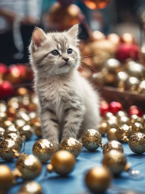 번화한 거리 시장에서 장난기 많은 오리엔탈 롱헤어 새끼 고양이가 반짝이는 금속성 크리스마스 장식품을 밟고 있습니다.