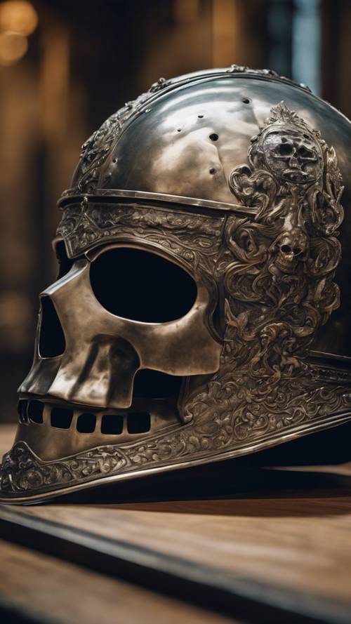 博物馆展出的一顶历史悠久的骑士头盔，上面雕刻着灰色骷髅。