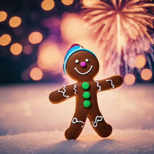 A cheerful gingerbread man dancing in front of a colorful New Year fireworks display.