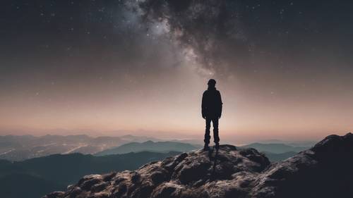 Siluet seseorang di puncak gunung, di bawah langit bertabur bintang, dengan kalimat &#39;Langit bukanlah batasnya. Pikiranmulah yang menjadi batasnya&#39;.