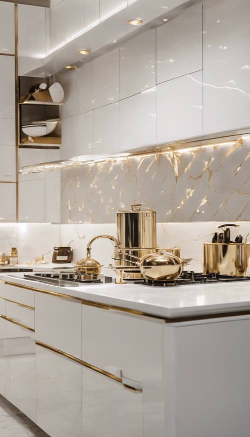 מטבח לבן מודרני עם הדגשות זהב וכלים נוצצים תחת נורות הלוגן.