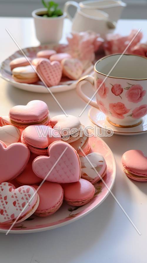 Macarons en forma de corazón y taza de té floral