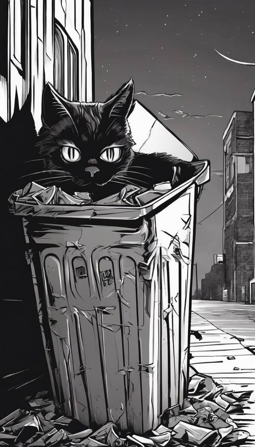 A black cartoon cat mischievously peeking out from a trash can at night.
