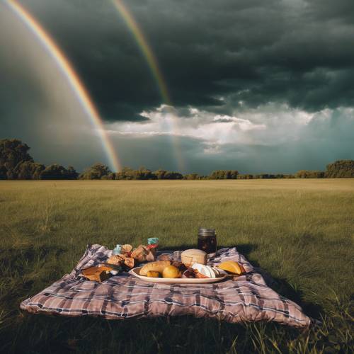 A peaceful picnic under a black rainbow extending across the cloudy horizon.