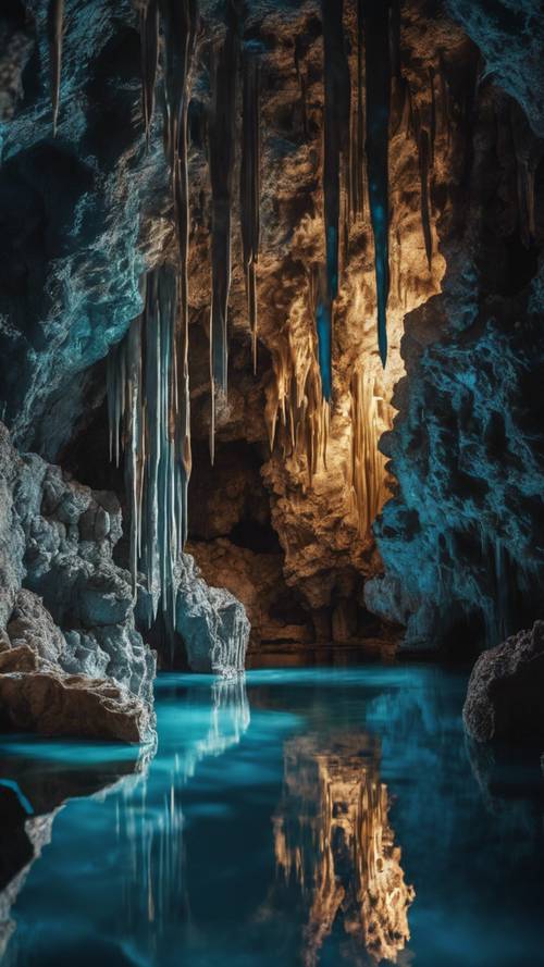 A large and dark cave full of stalactites and stalagmites, with a small, luminescent blue lake in the center.