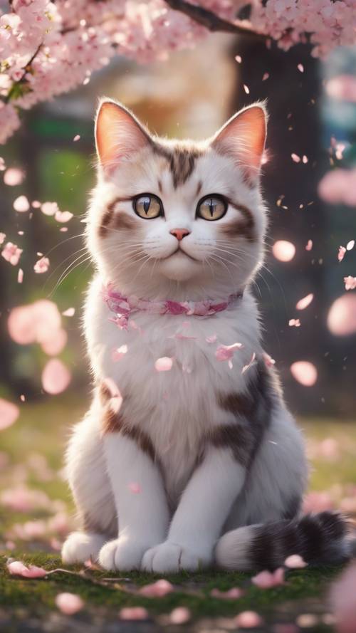 Un simpatico gatto anime seduto sotto un albero di ciliegio in fiore che ondeggia dolcemente, catturando i petali che cadono.