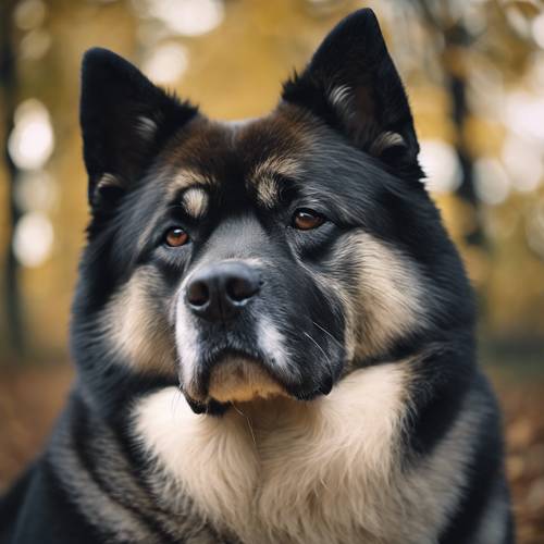 Um cão Akita japonês preto com um olhar curioso.