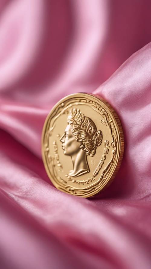 ภาพระยะใกล้ของเหรียญทองซุกอยู่ในรอยพับของผ้าไหมสีชมพูที่พลิ้วไหว