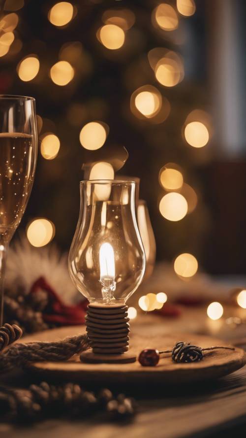 Estetyczne rustykalne obchody nowego roku z drewnianymi akcentami i ciepłymi lampkami sznurkowymi.