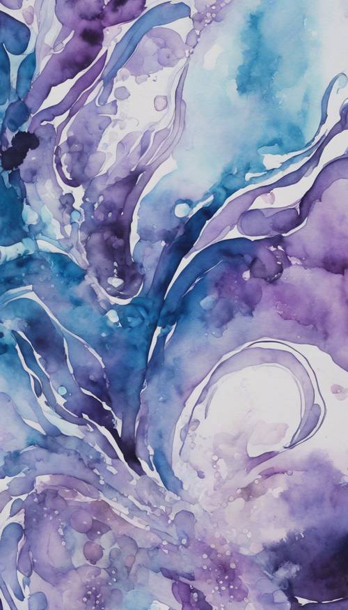 Uma pintura abstrata em aquarela com padrões espiralados de azuis e roxos.