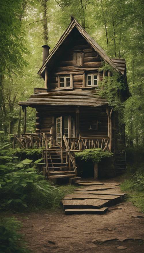 An old wooden cabin in the midst of a serene green forest. Wallpaper [784c45a7c69640aea0d4]